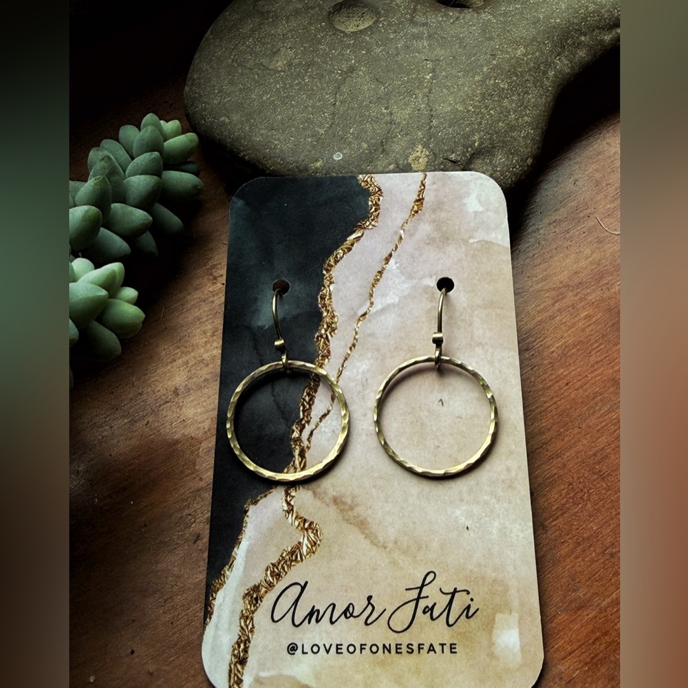 Handmade Hammered Brass New Moon Hoop Earrings